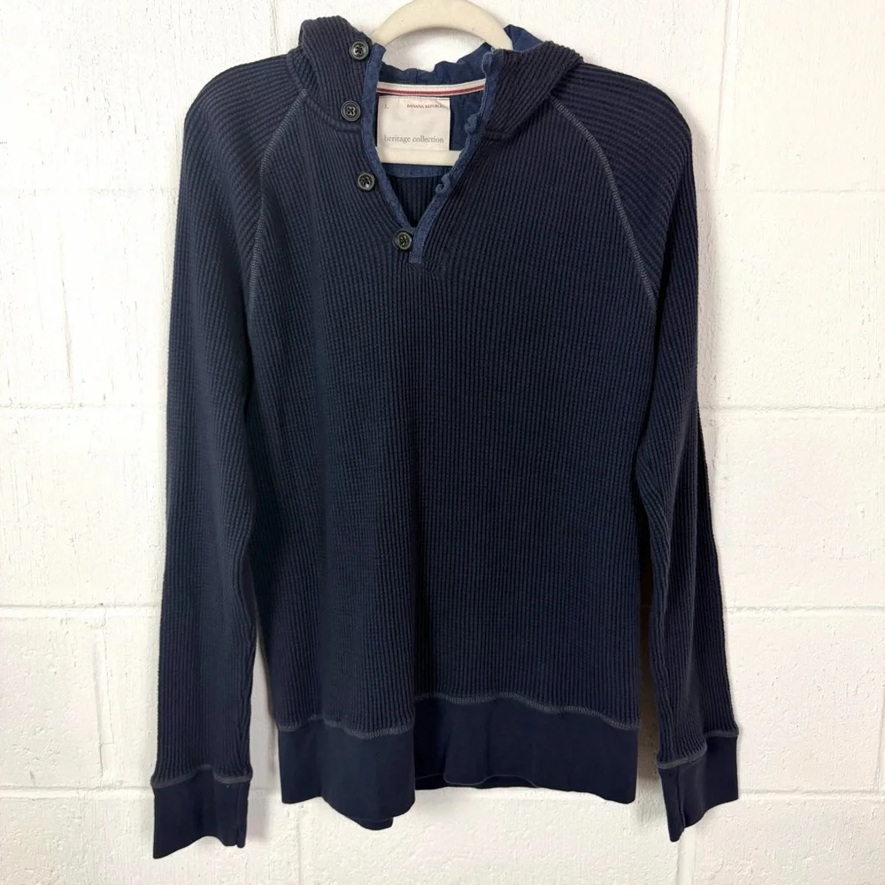 Banana Republic Heritage Collection Henley Waffle Hoodie Blue Y2K Preppy Retro L